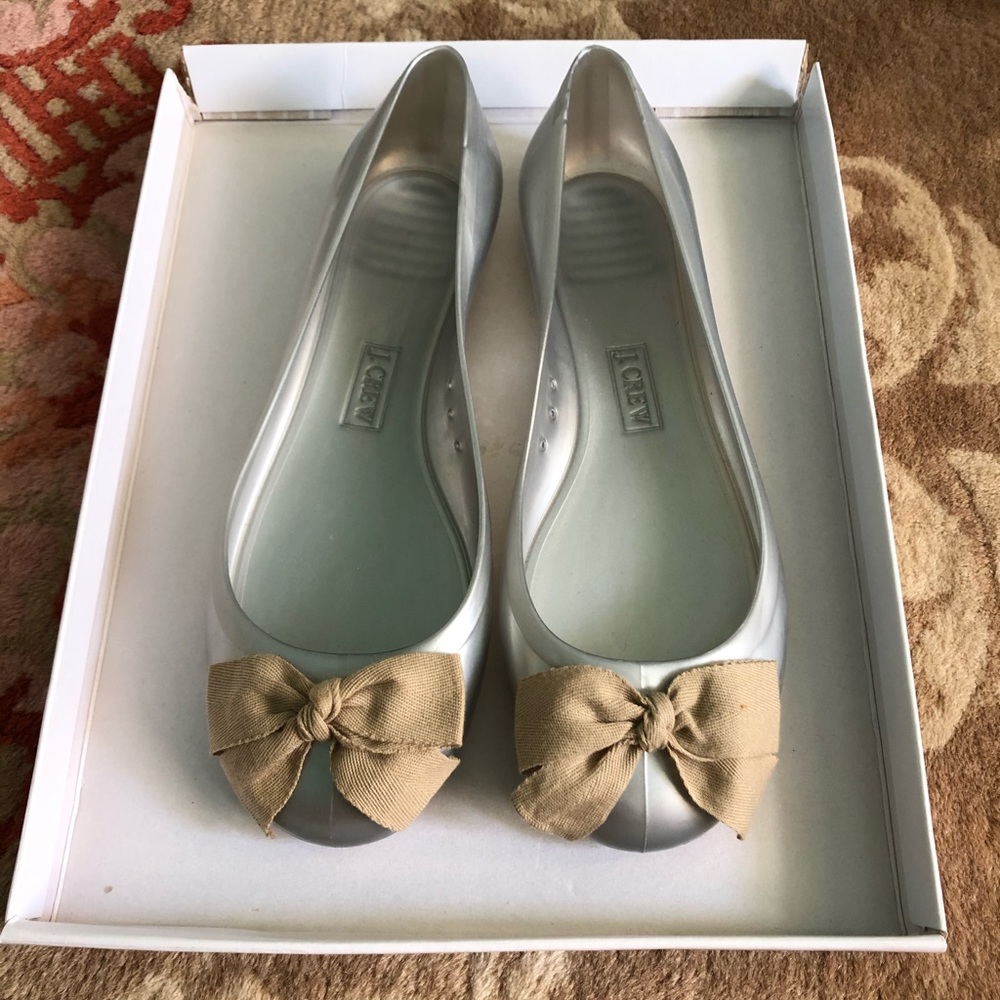 J. Crew Silver Jelly Flats with Tan Bow